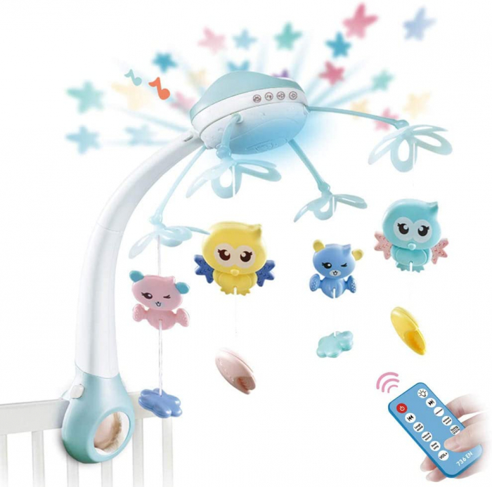 Carusel Muzical pentru patut, interactiv, Rotire 360°, sunete, lumini, proiector, telecomanda, +0 luni, Bleu [1]