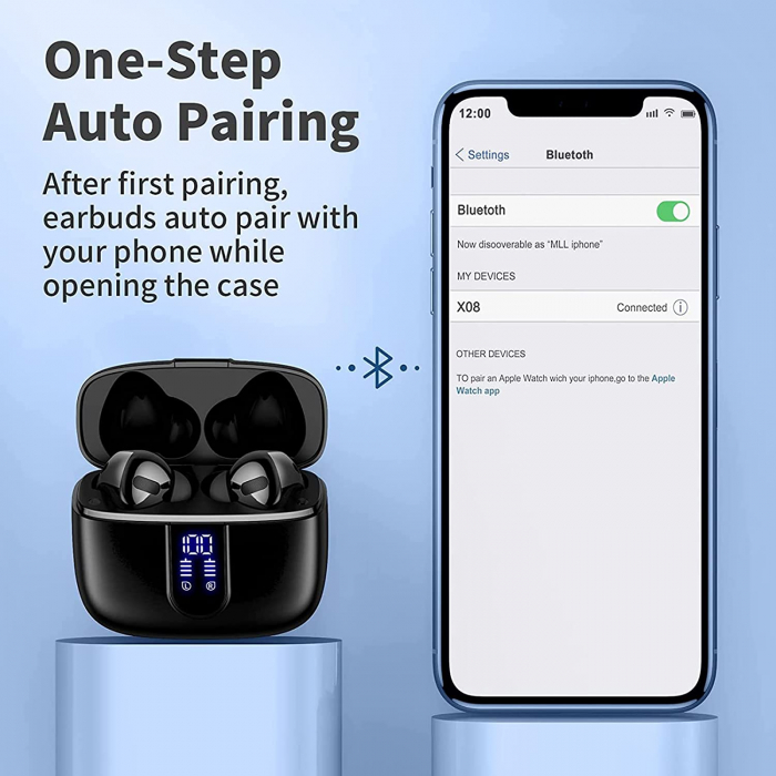 Casti wireless audio, Giftry®, Bluetooth 5.3, Waterproof, Afisare LED, Compatibile Android iOS, Negru [7]