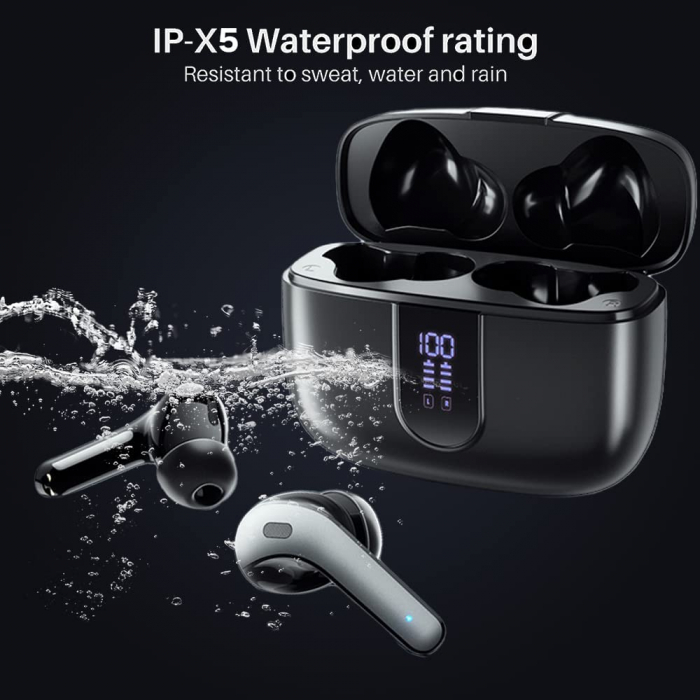 Casti wireless audio, Giftry®, Bluetooth 5.3, Waterproof, Afisare LED, Compatibile Android iOS, Negru [6]