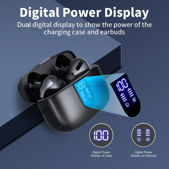 Casti wireless audio, Giftry®, Bluetooth 5.3, Waterproof, Afisare LED, Compatibile Android iOS, Negru [2]