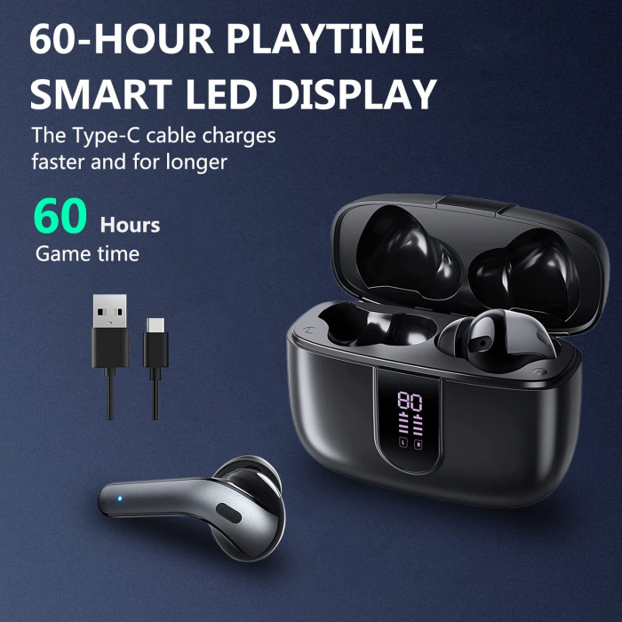 Casti wireless audio, Giftry®, Bluetooth 5.3, Waterproof, Afisare LED, Compatibile Android iOS, Negru [3]