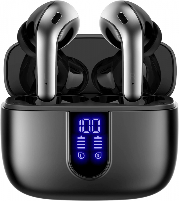 Casti wireless audio, Giftry®, Bluetooth 5.3, Waterproof, Afisare LED, Compatibile Android iOS, Negru [1]
