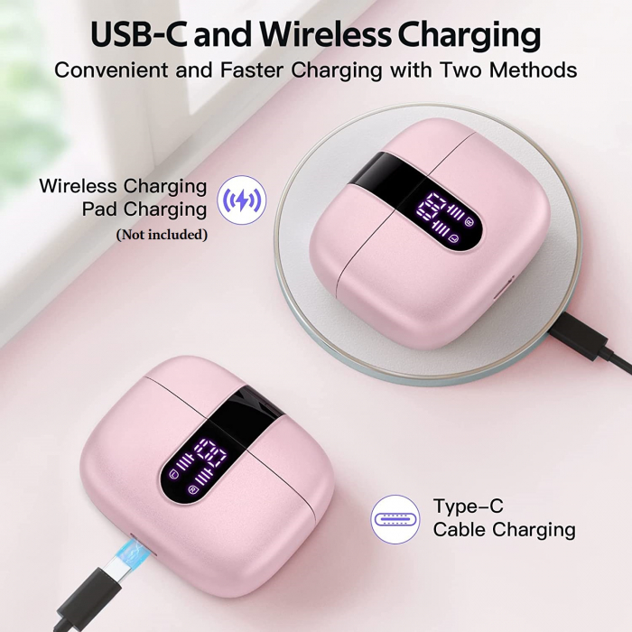 Casti wireless audio, Giftry®, Bluetooth 5.3, Waterproof, Afisare LED, Compatibile Android iOS, Roz [2]