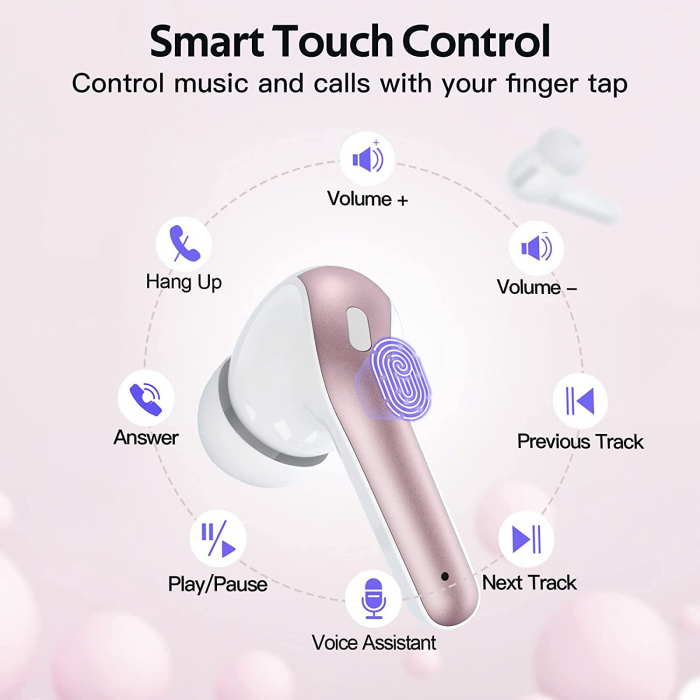 Casti wireless audio, Giftry®, Bluetooth 5.3, Waterproof, Afisare LED, Compatibile Android iOS, Roz [4]