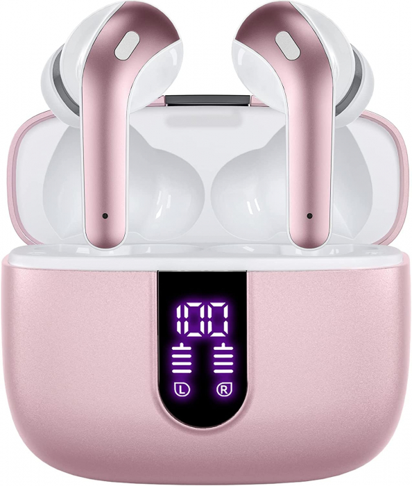 Casti wireless audio, Giftry®, Bluetooth 5.3, Waterproof, Afisare LED, Compatibile Android iOS, Roz [1]