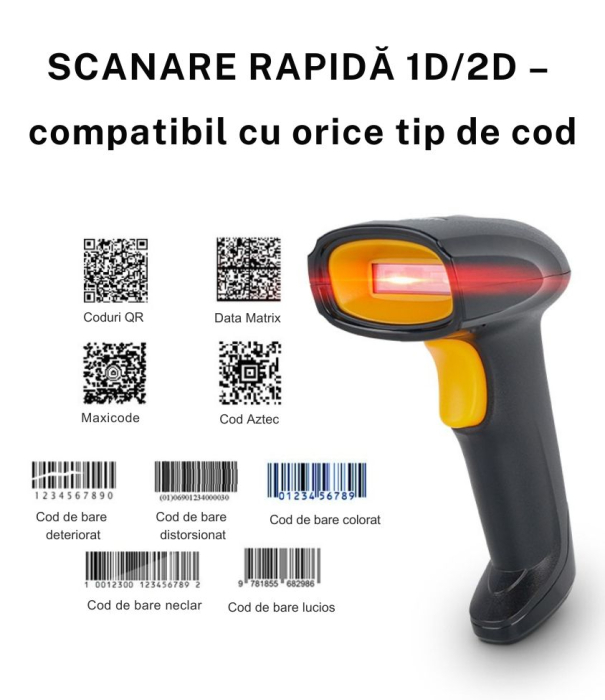 Cititor coduri de bare 1D/2D & QR, Giftry®, Wireless 2.4G + USB, compatibil Android/iOS/PC, 200 scan/sec, baterie 1800 mAh, cu suport reglabil, negru [7]