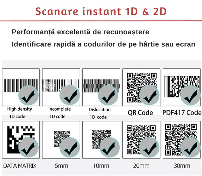 Cititor coduri de bare 1D/2D & QR, Giftry®, Wireless 2.4G + USB, compatibil Android/iOS/PC, 200 scan/sec, baterie 1800 mAh, cu suport reglabil, negru [8]