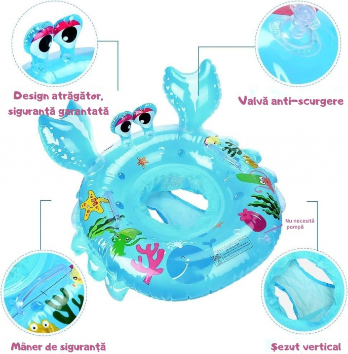 Colac înot pentru bebeluși și copii, Giftry®, cu suport de șezut și mânere de siguranță, model crab, albastru, 6–48 luni [2]