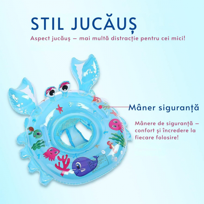 Colac înot pentru bebeluși și copii, Giftry®, cu suport de șezut și mânere de siguranță, model crab, albastru, 6–48 luni [3]