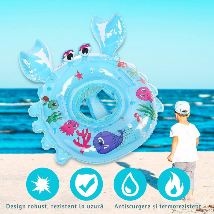 Colac înot pentru bebeluși și copii, Giftry®, cu suport de șezut și mânere de siguranță, model crab, albastru, 6–48 luni [5]