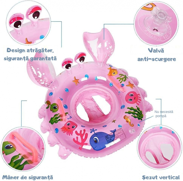 Colac înot pentru bebeluși și copii, Giftry®, cu suport de șezut și mânere de siguranță, model crab, roz, 6–48 luni [4]