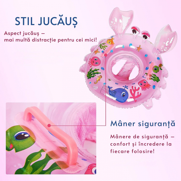Colac înot pentru bebeluși și copii, Giftry®, cu suport de șezut și mânere de siguranță, model crab, roz, 6–48 luni [3]