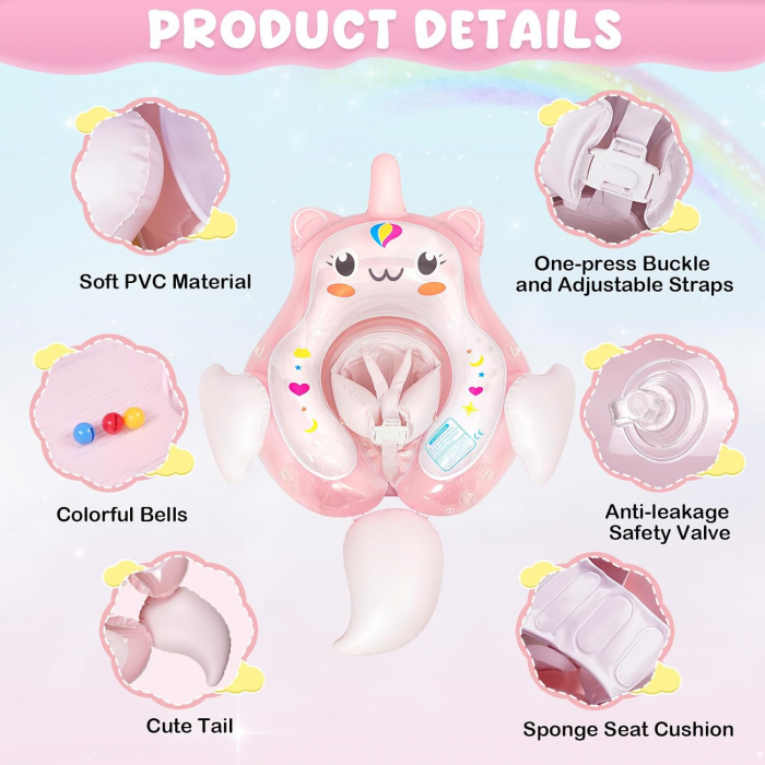 Colac inot pentru bebelusi si copii, Giftry cu suport pentru cap si burtica, canopi, model unicorn, roz, marimea L, 12-36 luni [6]