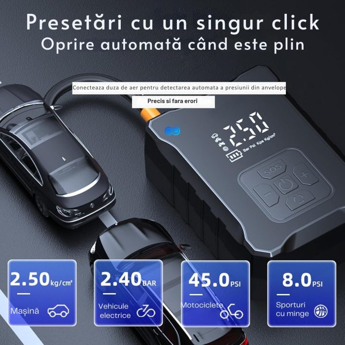 Compresor auto portabil Giftry® , 50 L/min, 10.3 BAR, acumulator 4000 mAh, display digital, oprire automata, lumina LED SOS, accesorii multiple, Negru [4]