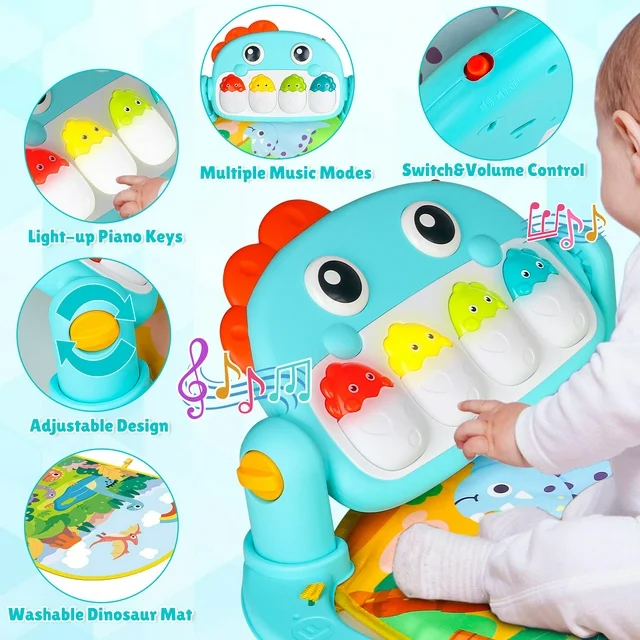 Covoras de activitati pentru bebelusi Giftry®, model dinozaur, multifunctional, interactiv, 5 jucarii senzoriale, muzica si lumini, verde, 0 luni + [5]