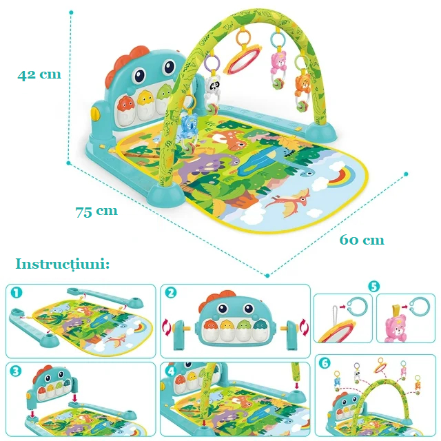 Covoras de activitati pentru bebelusi Giftry®, model dinozaur, multifunctional, interactiv, 5 jucarii senzoriale, muzica si lumini, verde, 0 luni + [6]