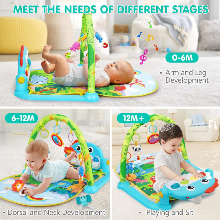 Covoras de activitati pentru bebelusi Giftry®, model dinozaur, multifunctional, interactiv, 5 jucarii senzoriale, muzica si lumini, verde, 0 luni + [4]