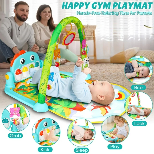 Covoras de activitati pentru bebelusi Giftry®, model dinozaur, multifunctional, interactiv, 5 jucarii senzoriale, muzica si lumini, verde, 0 luni + [3]