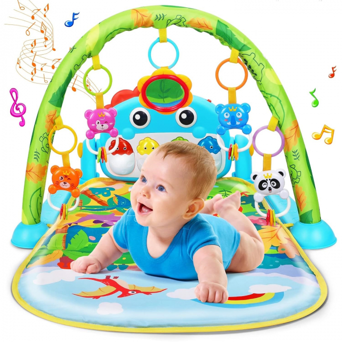 Covoras de activitati pentru bebelusi Giftry®, model dinozaur, multifunctional, interactiv, 5 jucarii senzoriale, muzica si lumini, verde, 0 luni + [1]