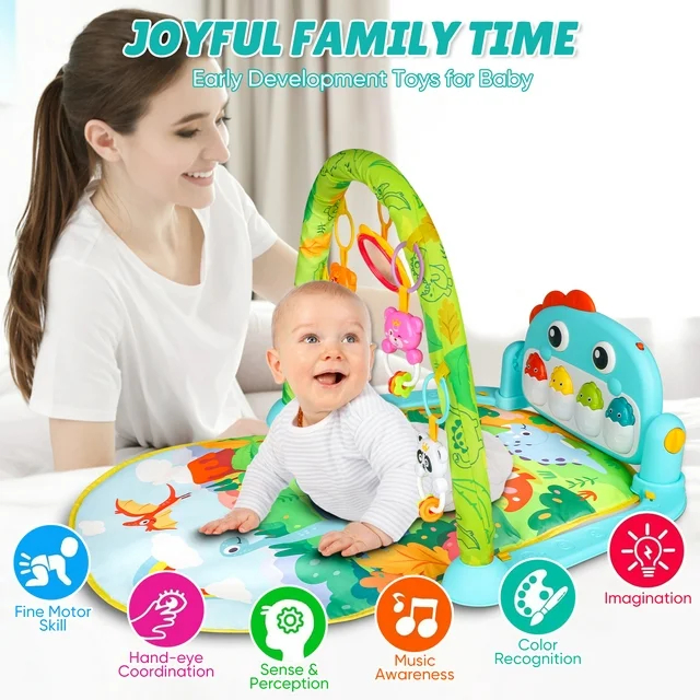 Covoras de activitati pentru bebelusi Giftry®, model dinozaur, multifunctional, interactiv, 5 jucarii senzoriale, muzica si lumini, verde, 0 luni + [7]
