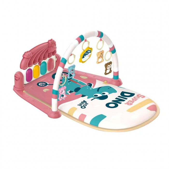 Covoras de activitati pentru bebelusi Giftry®, model dinozaur, multifunctional, pian interactiv scoica, 5 jucarii senzoriale, muzica si lumini, roz, 0 luni + [1]