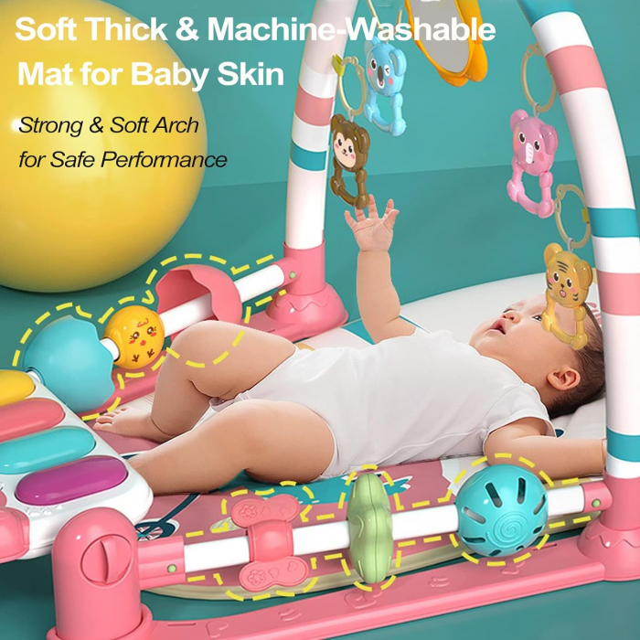 Covoras de activitati pentru bebelusi Giftry®, model dinozaur, multifunctional, pian interactiv scoica, 5 jucarii senzoriale, muzica si lumini, roz, 0 luni + [10]