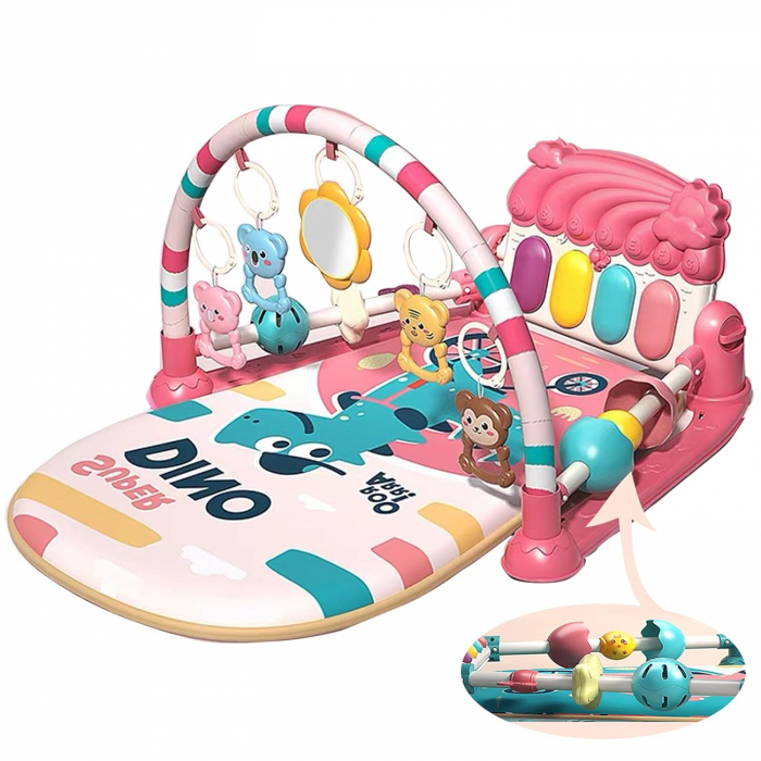 Covoras de activitati pentru bebelusi Giftry®, model dinozaur, multifunctional, pian interactiv scoica, 5 jucarii senzoriale, muzica si lumini, roz, 0 luni + [6]
