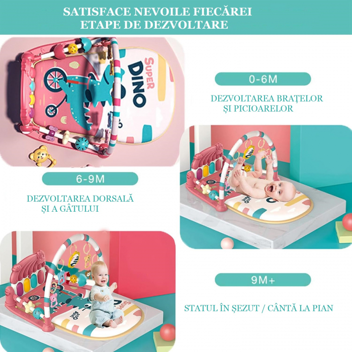 Covoras de activitati pentru bebelusi Giftry®, model dinozaur, multifunctional, pian interactiv scoica, 5 jucarii senzoriale, muzica si lumini, roz, 0 luni + [5]