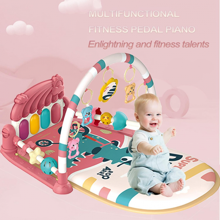 Covoras de activitati pentru bebelusi Giftry®, model dinozaur, multifunctional, pian interactiv scoica, 5 jucarii senzoriale, muzica si lumini, roz, 0 luni + [7]