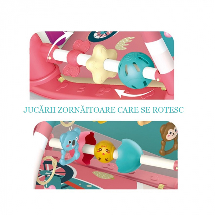 Covoras de activitati pentru bebelusi Giftry®, model dinozaur, multifunctional, pian interactiv scoica, 5 jucarii senzoriale, muzica si lumini, roz, 0 luni + [8]