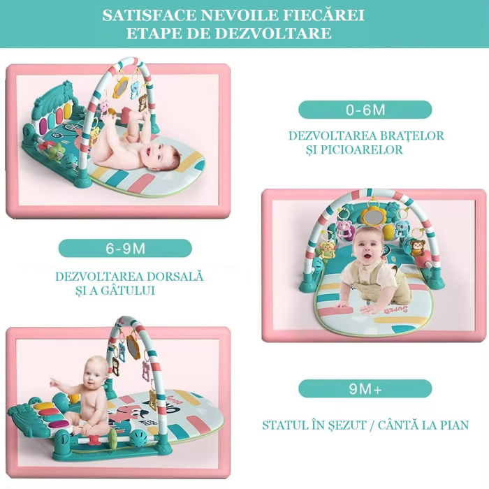 Covoras de activitati pentru bebelusi Giftry®, model dinozaur, multifunctional, pian interactiv scoica, 5 jucarii senzoriale, muzica si lumini, turcoaz, 0 luni + [5]