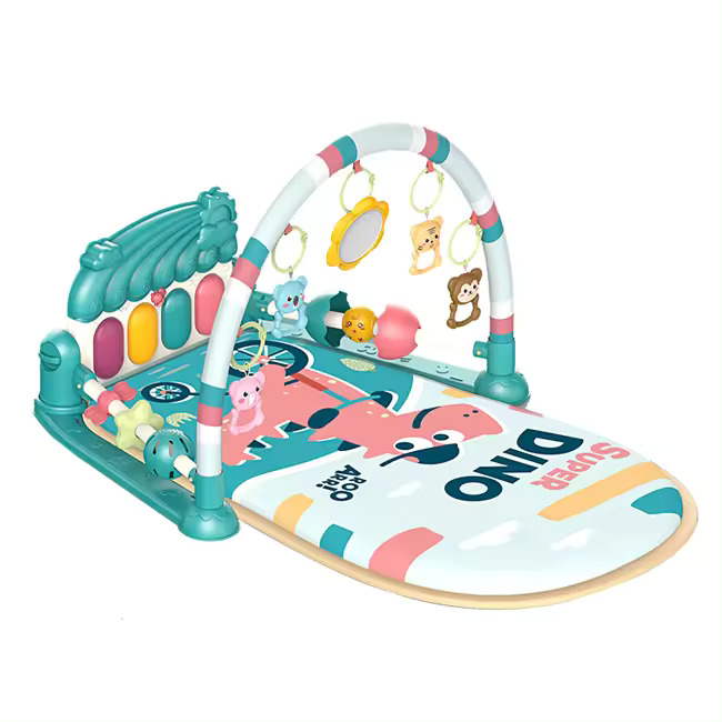 Covoras de activitati pentru bebelusi Giftry®, model dinozaur, multifunctional, pian interactiv scoica, 5 jucarii senzoriale, muzica si lumini, turcoaz, 0 luni + [1]
