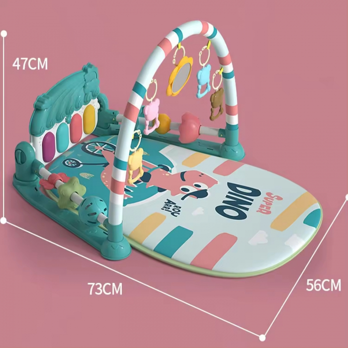 Covoras de activitati pentru bebelusi Giftry®, model dinozaur, multifunctional, pian interactiv scoica, 5 jucarii senzoriale, muzica si lumini, turcoaz, 0 luni + [6]