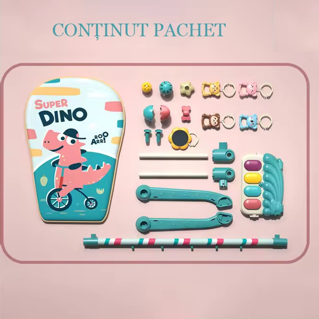 Covoras de activitati pentru bebelusi Giftry®, model dinozaur, multifunctional, pian interactiv scoica, 5 jucarii senzoriale, muzica si lumini, turcoaz, 0 luni + [7]