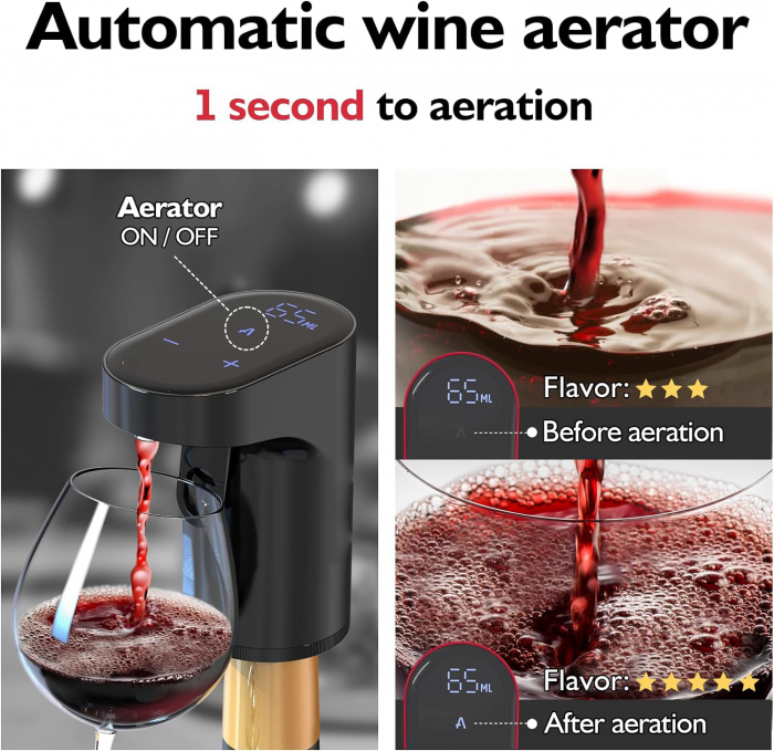 Decantor premium pentru vin Giftry®, Aerator Electric whisky, lichior, Reincarcabil USB, portabil, negru [4]
