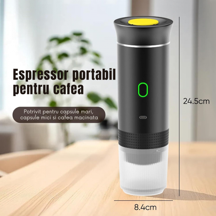 Espressor Portabil 3 in 1 Giftry®, Fara Fir, 20 Bar, Baterie 7500mAh, Compatibil Capsule Nespresso, Dolce Gusto si Cafea Macinata, Incalzire Automata, USB-C, Negru [12]