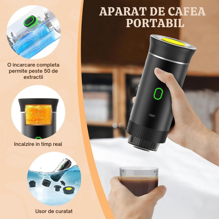 Espressor Portabil 3 in 1 Giftry®, Fara Fir, 20 Bar, Baterie 7500mAh, Compatibil Capsule Nespresso, Dolce Gusto si Cafea Macinata, Incalzire Automata, USB-C, Negru [9]