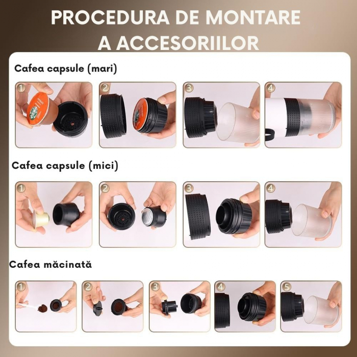Espressor Portabil 3 in 1 Giftry®, Fara Fir, 20 Bar, Baterie 7500mAh, Compatibil Capsule Nespresso, Dolce Gusto si Cafea Macinata, Incalzire Automata, USB-C, Negru [6]