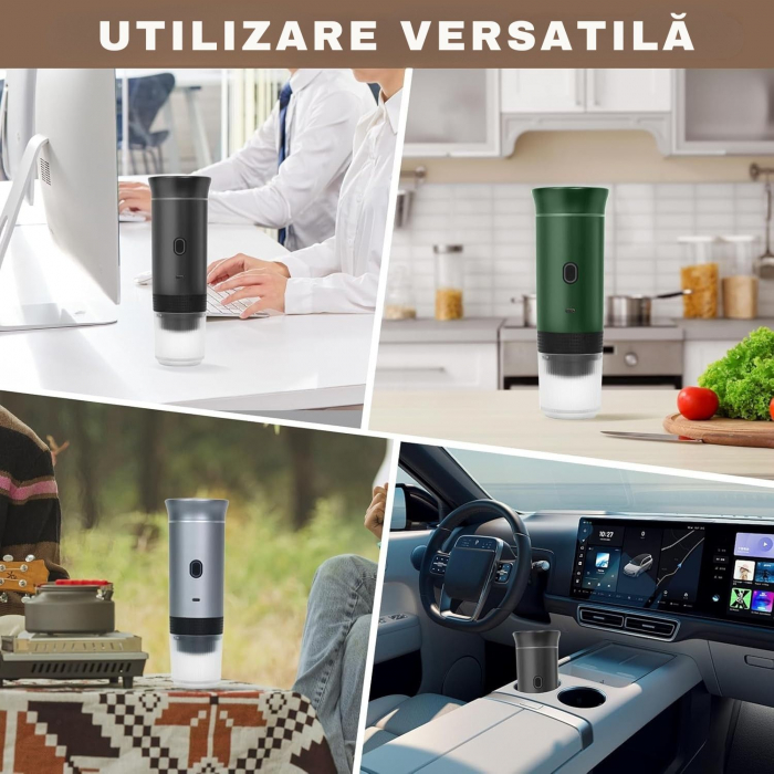 Espressor Portabil 3 in 1 Giftry®, Fara Fir, 20 Bar, Baterie 7500mAh, Compatibil Capsule Nespresso, Dolce Gusto si Cafea Macinata, Incalzire Automata, USB-C, Negru [10]