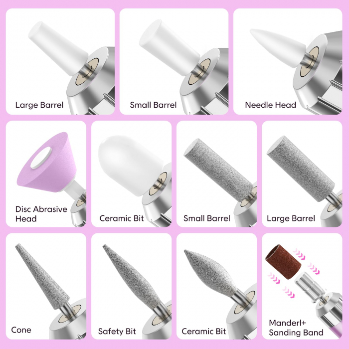 Freza unghii profesionala, Giftry®, 11 capete, 36 benzi de slefuire, Reincarcabil, Directia F/R, LED, portabil, manichiura / pedichiura, Roz [6]