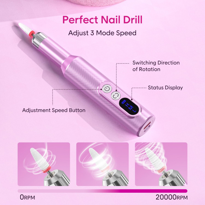 Freza unghii profesionala, Giftry®, 11 capete, 36 benzi de slefuire, Reincarcabil, Directia F/R, LED, portabil, manichiura / pedichiura, Roz [5]