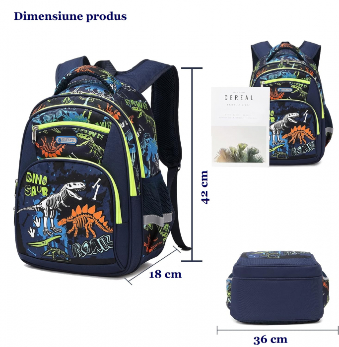 Ghiozdan pentru scoala baieti, Giftry®, 5-10 ani, model dinozaur fosforescent, multifunctional, impermeabil, albastru, 42 cm x 36 cm x 18 cm [6]