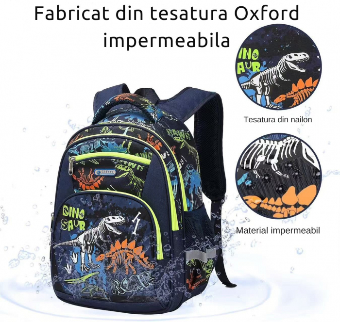 Ghiozdan pentru scoala baieti, Giftry®, 5-10 ani, model dinozaur fosforescent, multifunctional, impermeabil, albastru, 42 cm x 36 cm x 18 cm [7]