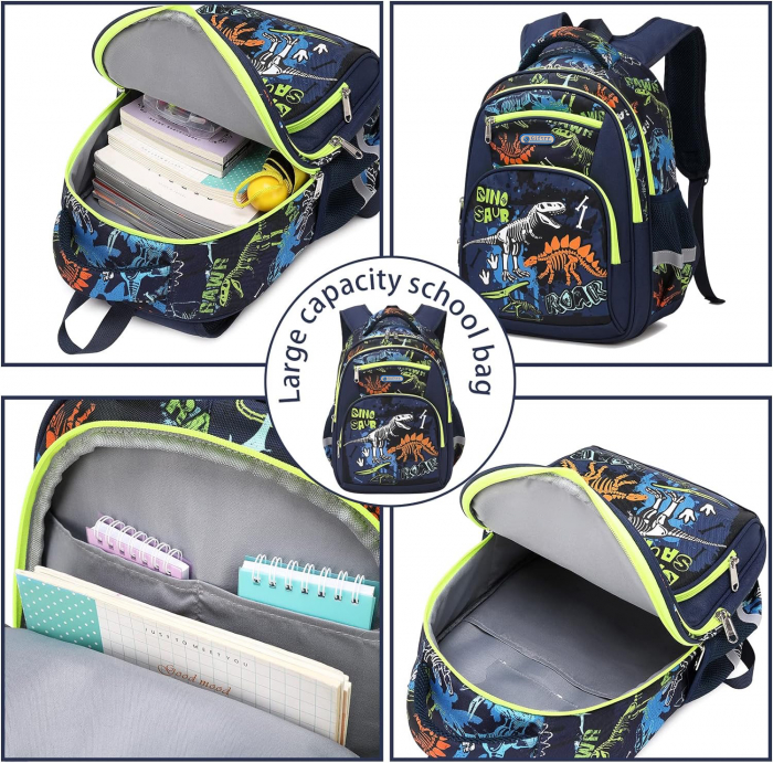 Ghiozdan pentru scoala baieti, Giftry®, 5-10 ani, model dinozaur fosforescent, multifunctional, impermeabil, albastru, 42 cm x 36 cm x 18 cm [2]