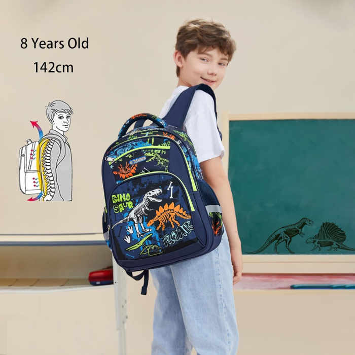 Ghiozdan pentru scoala baieti, Giftry®, 5-10 ani, model dinozaur fosforescent, multifunctional, impermeabil, albastru, 42 cm x 36 cm x 18 cm [4]