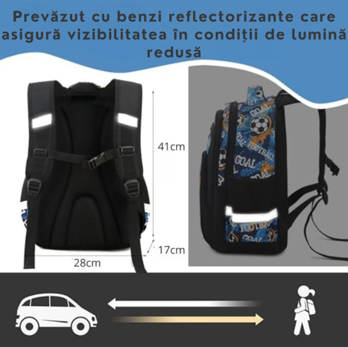 Ghiozdan pentru scoala baieti, Giftry®, 5-10 ani, Tematica Fotbal, multifunctional, impermeabil, negru, 41 cm x 28 cm x 17 cm [9]