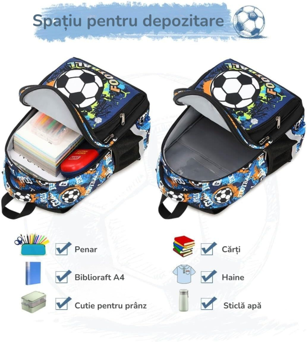 Ghiozdan pentru scoala baieti, Giftry®, 5-10 ani, Tematica Fotbal, multifunctional, impermeabil, negru, 41 cm x 28 cm x 17 cm [3]