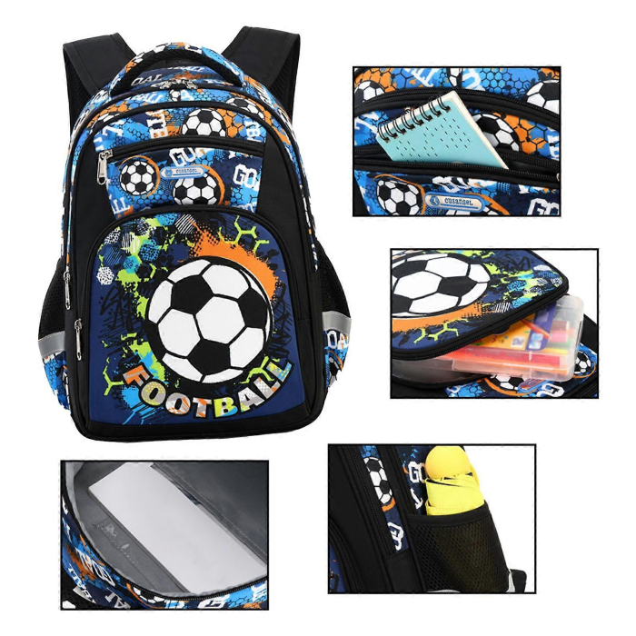 Ghiozdan pentru scoala baieti, Giftry®, 5-10 ani, Tematica Fotbal, multifunctional, impermeabil, negru, 41 cm x 28 cm x 17 cm [10]