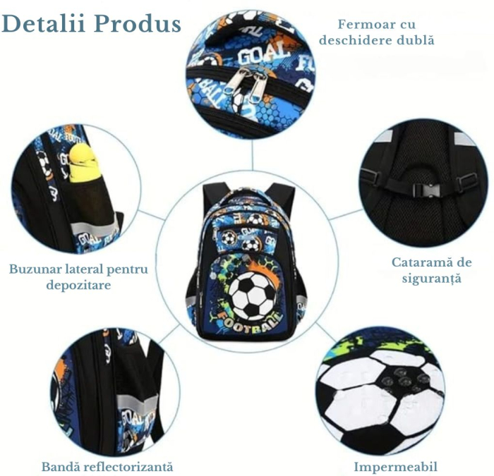 Ghiozdan pentru scoala baieti, Giftry®, 5-10 ani, Tematica Fotbal, multifunctional, impermeabil, negru, 41 cm x 28 cm x 17 cm [2]