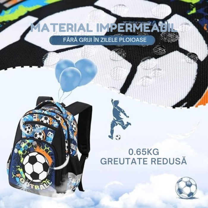 Ghiozdan pentru scoala baieti, Giftry®, 5-10 ani, Tematica Fotbal, multifunctional, impermeabil, negru, 41 cm x 28 cm x 17 cm [6]